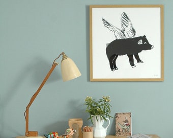Flying Pig Black Giclée Animal Print Woodlands Collection