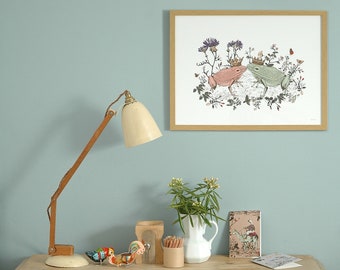 Kissing Frogs Illustration Giclée Animal Print Woodlands Collection