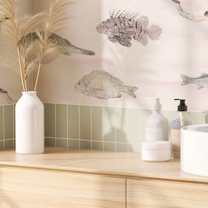 Carta da parati pesce rosa, carta da parati sotto il mare, carta da parati bagno, carta da parati oceano, arredamento bagno, decorazione parete bagno, carta da parati rosa
