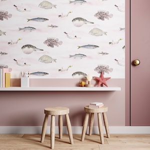 Fish Wallpaper Pink, Under the Sea Wallpaper, Bathroom Wallpaper, Ocean