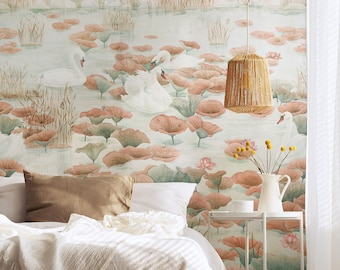 Swan Lake Mural Wallpaper Terracotta