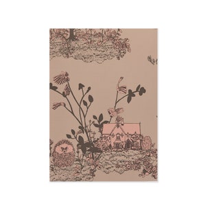 May include: A pink and brown illustration of a house with a hedge and a hedgehog in front of it. The house has a pointed roof and a chimney. The hedge is made of small, round bushes. The hedgehog is curled up in a ball.
