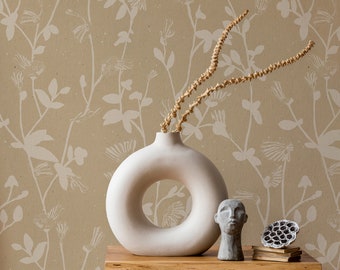 Feather Plant Wallpaper - Beige, Vine Wallpaper, Upward Growing Plant Wallpaper, Vine Wall Art, Retro vintage wallpaper, Botanical Wallpaper