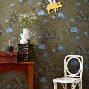 Khaki childrens wallpaper behind desk