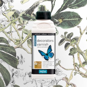 May include: A white bottle of Polyvine Decorators Varnish with a clear dead flat finish. The bottle is labeled with the product name and a description of its use for interior and exterior surfaces. A butterfly graphic is featured on the bottle.