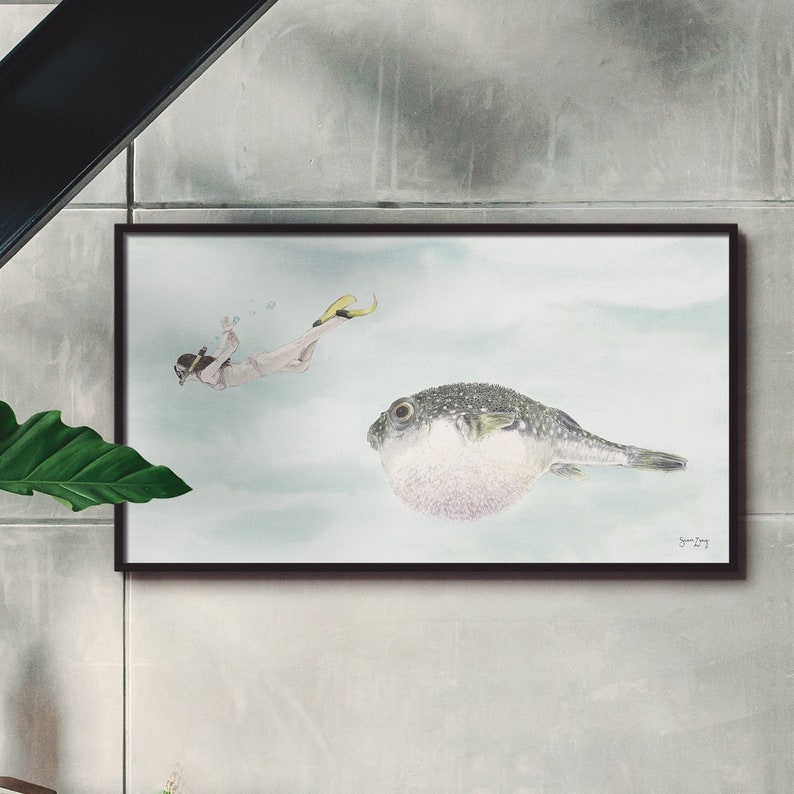 Pufferfish Print, Bathroom Wall Art, Sealife Wall Art, Antique Sealife Illustration, Sealife Drawings image 1