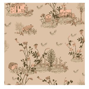 May include: A seamless pattern featuring a whimsical illustration of a forest scene with houses, hedgehogs, frogs, and flowers on a light brown background.
