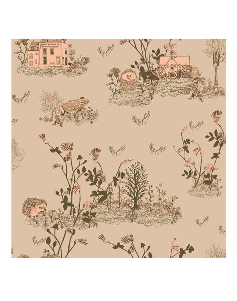 May include: A seamless pattern featuring a whimsical illustration of a forest scene with houses, hedgehogs, frogs, and flowers on a light brown background.