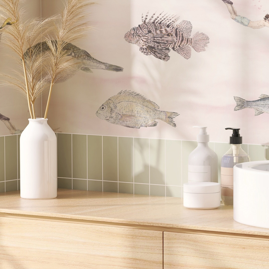 Fish Wallpaper Pink, Under the Sea Wallpaper, Bathroom Wallpaper, Ocean ...