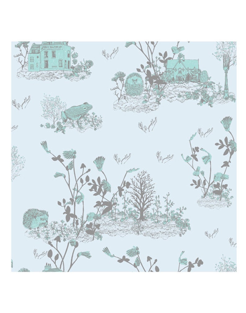 May include: A light blue background with a repeating pattern of houses, hedgehogs, frogs, and plants. The pattern is drawn in a light gray color.