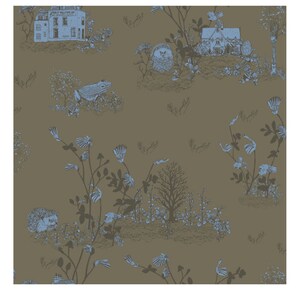 May include: A seamless pattern featuring a brown background with blue illustrations of houses, hedgehogs, frogs, and various plants. The pattern is perfect for fabric, wallpaper, or wrapping paper.