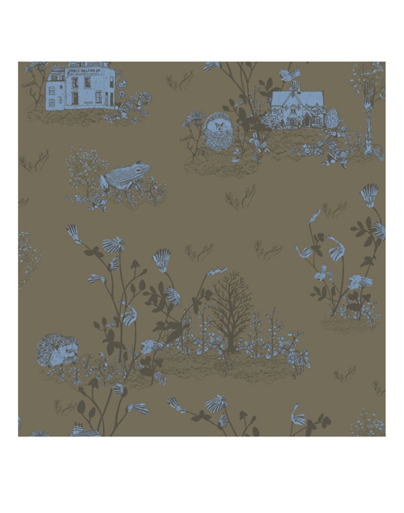 May include: A seamless pattern featuring a brown background with blue illustrations of houses, hedgehogs, frogs, and various plants. The pattern is perfect for fabric, wallpaper, or wrapping paper.