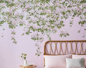 Clematis Wallpaper in Pink, Hanging Leaves Wallpaper, Hanging Flowers Wallpaper, Floral Wallpaper, Wall Mural, Mural Wallpaper, Feature Wall