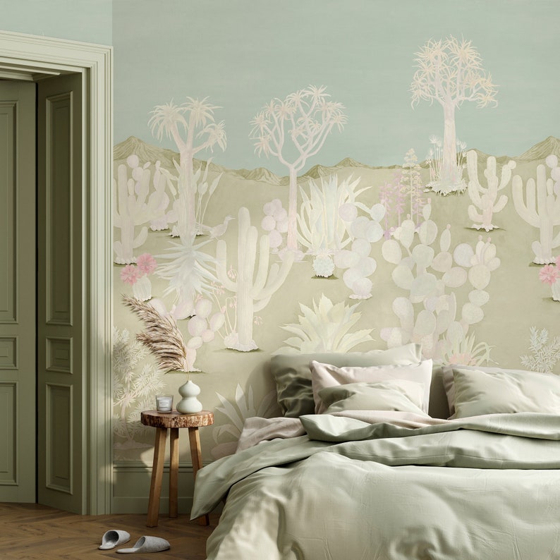 Green desert themed mural wallpaper in bedroom