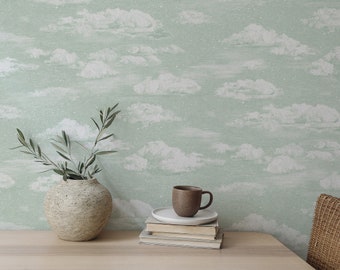 Clouds Wallpaper in Green, Sky Wallpaper, Nursery Wallpaper, Kids Wallpaper, Cloudy Sky Wallpaper, Children's Wallpaper, Clouds Wall Decor