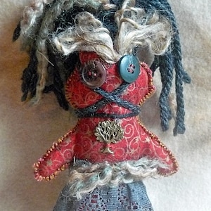 CRIMSON: OOAK HooDoo Karma Poppet, Red fabric, Yarn Hair black, and green, orange