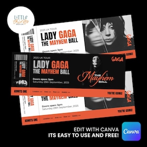 Lady GAGA Uk Mayhem Tour bearbeitbare herunterladbare Ticketvorlage für Überraschungsgeschenk, personalisieren mit Canva