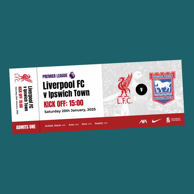 Liverpool Premier League Football Printable Ticket Download Soccer