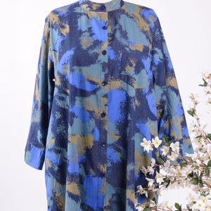 Bella Blue Lagenlook Cotton Casual Patterned Arty Dress Jacket Blue, Pockets, Buttons,  L/XL 16/18 - B254