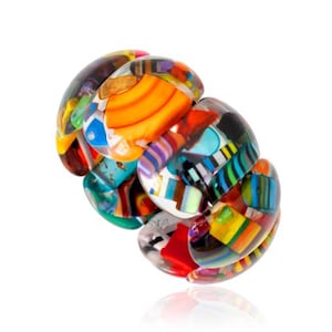 May include: A stretch bracelet composed of multiple smooth, rounded glass beads. Each bead features a unique pattern of vibrant, multi-colored stripes, swirls, and blocks in shades of orange, blue, green, yellow, red, black, and white.