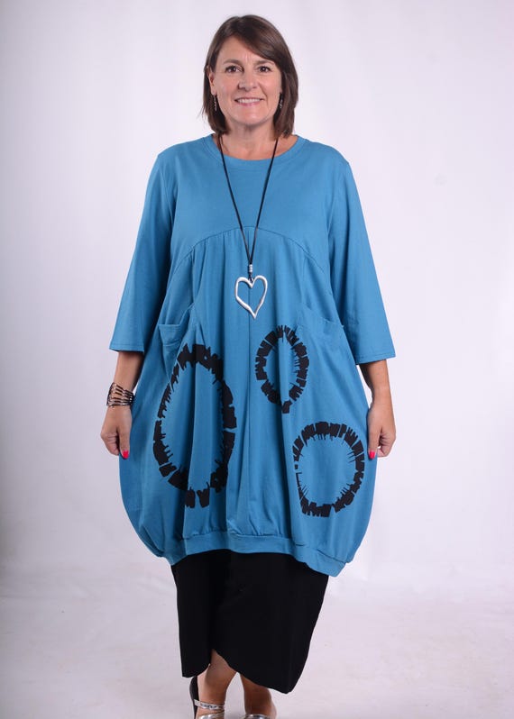 Lagenlook Dress, Plus Size Dress, Bella Blue Plus Size , Blue, Black, Womens Lagenlook Clothing, Cotton UK Size 16 18 20 L/XL - R014