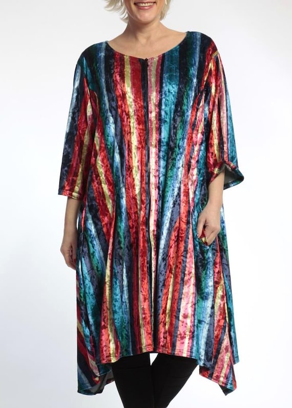 AKH Germany Lagenlook Midi Dress/Jacket, Velour, Velvet, Multicoloured, Lagenlook Clothing, Star Seller, Bohemian, Arty 54" Bust - B53