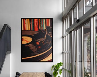 May include: A framed print of a vintage record player with a vinyl record. The artwork features a close-up view of the turntable, with the record's grooves and label visible. The background shows a collection of colorful record album spines.