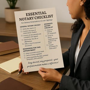 May include: A checklist for notaries, with sections for general notary tasks and advanced notary tasks. The checklist includes items such as verifying the client's ID, confirming the type of notarization needed, ensuring all documents are complete and signed, administering the oath or affirmation, offering a copy of the notarized document, checking for clinical circumstances, verifying ID and device credentials, preparing documents for notarization, and reminders for the appointment. The checklist is printed on white paper with black text.