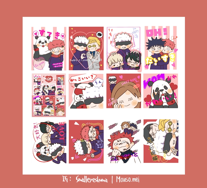 Puede incluir: Una colecci&oacute;n de ilustraciones coloridas de estilo anime con personajes en varias poses, corazones y texto japon&eacute;s. Las im&aacute;genes tienen un fondo rojo e incluyen textos como "Sweet Girl!" y "Happy + Love Forever".