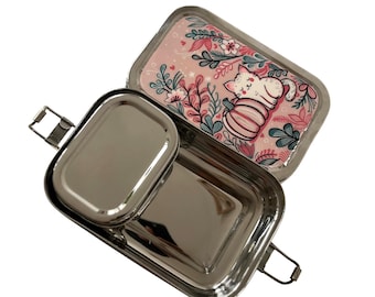 Handbemalte Edelstahl Brotdose mit Katzen-Motiv | 2 Fächer Bento Box | Nachhaltiges Ostergeschenk für Katzenliebhaber | Tiffin Box Büro