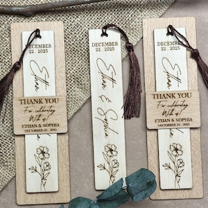 Personalized Wedding Bookmark Favors: Engraved Birch Wood, Rustic Tassel