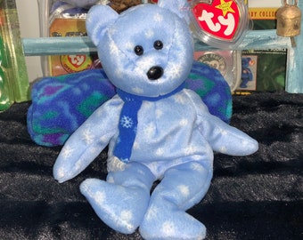 Ty Christmas Beanie Baby - 1999 Holiday Teddy Bear - Style 4257 - Never Played With - Stored Since Purchase - Snowflakes - MWMT