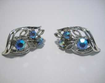 Vintage Earrings Clip On  Aurora Borealis Rhinestone Silver Tone Filigree