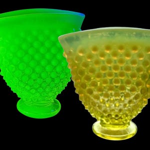 Vintage Fenton Vaseline Hobnail Fan Vase Opalescent - Uranium Glass
