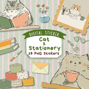 以下が含まれることがあります： 猫と文房具のイラストが描かれたデジタルステッカーセット。本を読む猫、書く猫、コーヒーを飲む猫、本、ペン、マスキングテープ、封筒などが描かれています。「Digital Sticker Cat & Stationery 18 PNG Stickers」と書かれています。