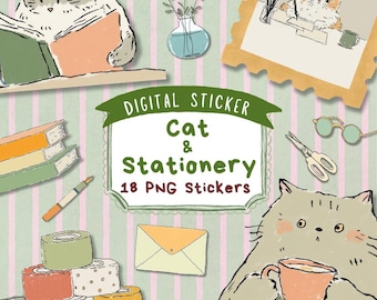 Cozy Cat Stationery Stickers PNG, 18 Hand-Drawn Planner Stickers, Printable Sticker Sheets, Digital Download, Journal Stickers