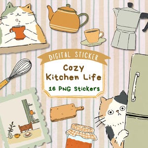 Può includere: Set di adesivi digitali con illustrazioni a tema cucina. Include un gatto che beve da una tazza, una teiera, una tazza di caffè, una frusta, un tagliere, un barattolo e un frigorifero. Il testo recita "Cozy Kitchen Life" e "16 PNG Stickers".
