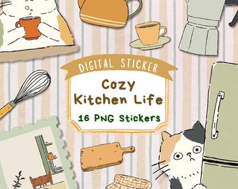 Adesivi digitali Kawaii per la cucina, 16 adesivi di gatti accoglienti per Goodnotes, adesivi stampabili per il diario di cucina, clipart di gatti in formato PNG, download digitale
