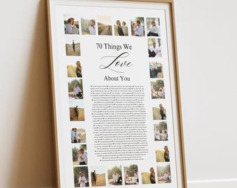 Mall för fotokollage för 70-årsdag, personlig present till mormor/morfar, sifferkollage, Canvasdesign, 70 saker jag älskar med dig