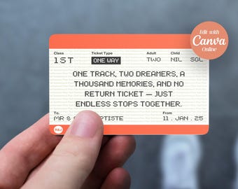 Invito di nozze con biglietto del treno: tema treno a vapore, modello Canva modificabile (download digitale)