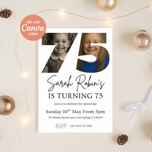 75th Birthday Photo Invitation Template: Editable Canva Card (Digital Download, 5x7 in