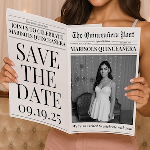 Quinceañera Newspaper Save the Date Template: Editable Canva Invitation (Digital Download)