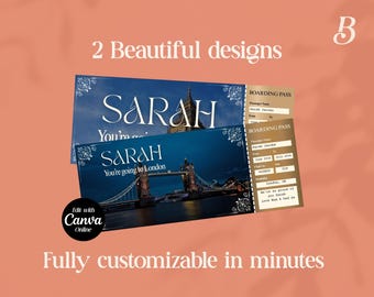 Editable London Boarding Pass: Surprise Trip Ticket (Canva Template - Digital Download)