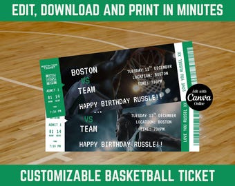 Personalized Basketball Ticket, Custom Sports Gift, Editable Ticket Template, Surprise Printable Invitation, Canva Template