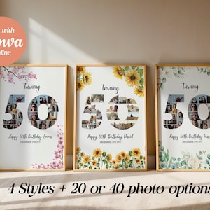 Editable 50th Birthday Photo Collage | 50 Photo Canva Template | 20 or 40 Photo | Number 50 Wall Art Printable | Fifty Instant Download
