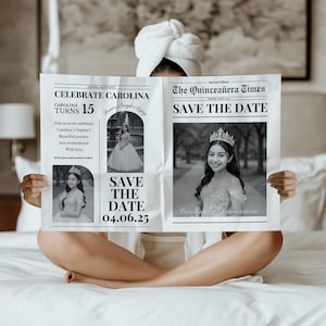 Zeitungsvorlage Quitte, personalisierte bearbeitbare Einladung, Sweet 15 Sparen Sie das Datum für Quinzfeier, Quinceanera Canva Vorlage
