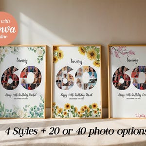 Edytowalny kolaż zdjęć z okazji 60. urodzin | Szablon Canva na 60 zdjęć | Układ na 40 zdjęć | Sztuka ścienna z numerem 60 do wydrukowania | Prezent do natychmiastowego pobrania