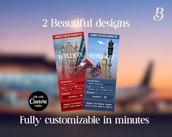 May include: Two customizable London-themed ticket designs. One ticket is red with the Tower Bridge, the other is blue with Big Ben. Both tickets have the text "JAMES YOU'RE GOING TO LONDON" and are labeled "Fully customizable in minutes."