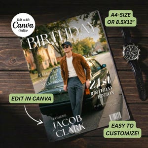 May include: A magazine cover with the headline "BIRTHDAY" and the text "21st BIRTHDAY EDITION" featuring a man in a brown jacket. The cover also includes the text "JACOB CLARK" and "THE MAN OF THE MOMENT". A black watch with a leather strap is on the right.