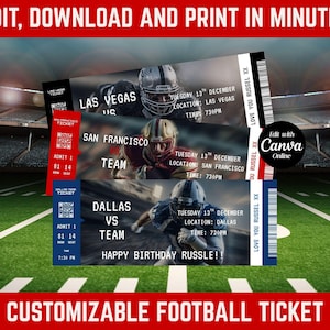 Personalized Football Ticket, Custom Game Keepsake, Surprise Gift Voucher, Unique Event Ticket for Fans, Canva Template